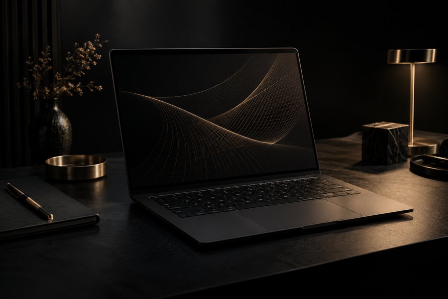 Black laptop and design workspace with warm gold lighting