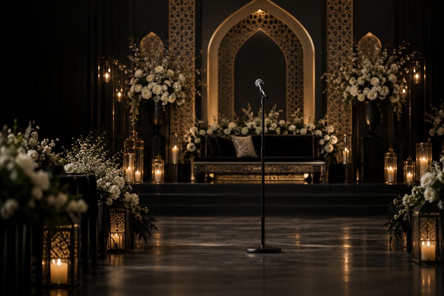 Microphone and elegant dark wedding ceremony setting